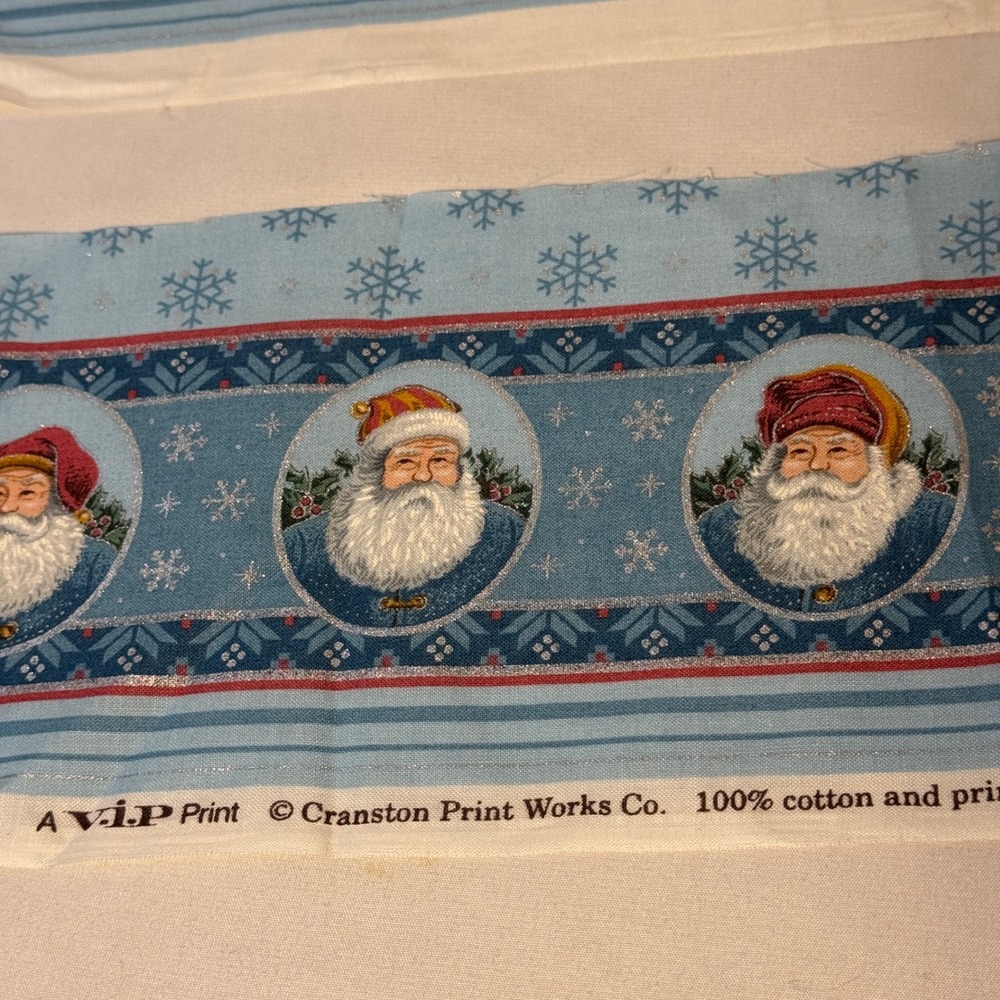 Cranston Print Works Christmas Fabric Remnants Blue Santa Tree 5pc‎ Lot Cotton
